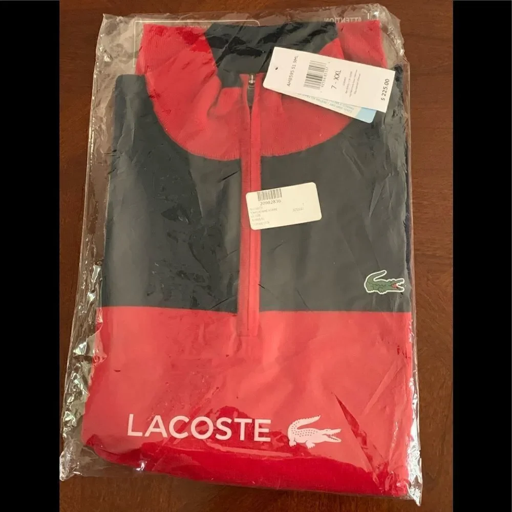 Lacoste Men’s 1/4 zip colorblock wool yoke pullover zip up sweater in red Sz XXL